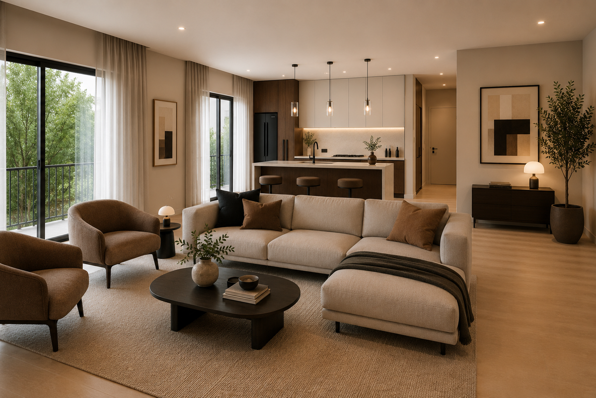 Rendu 3D du projet Lachine : salon meublé ouvert sur la cuisine et un balcon.