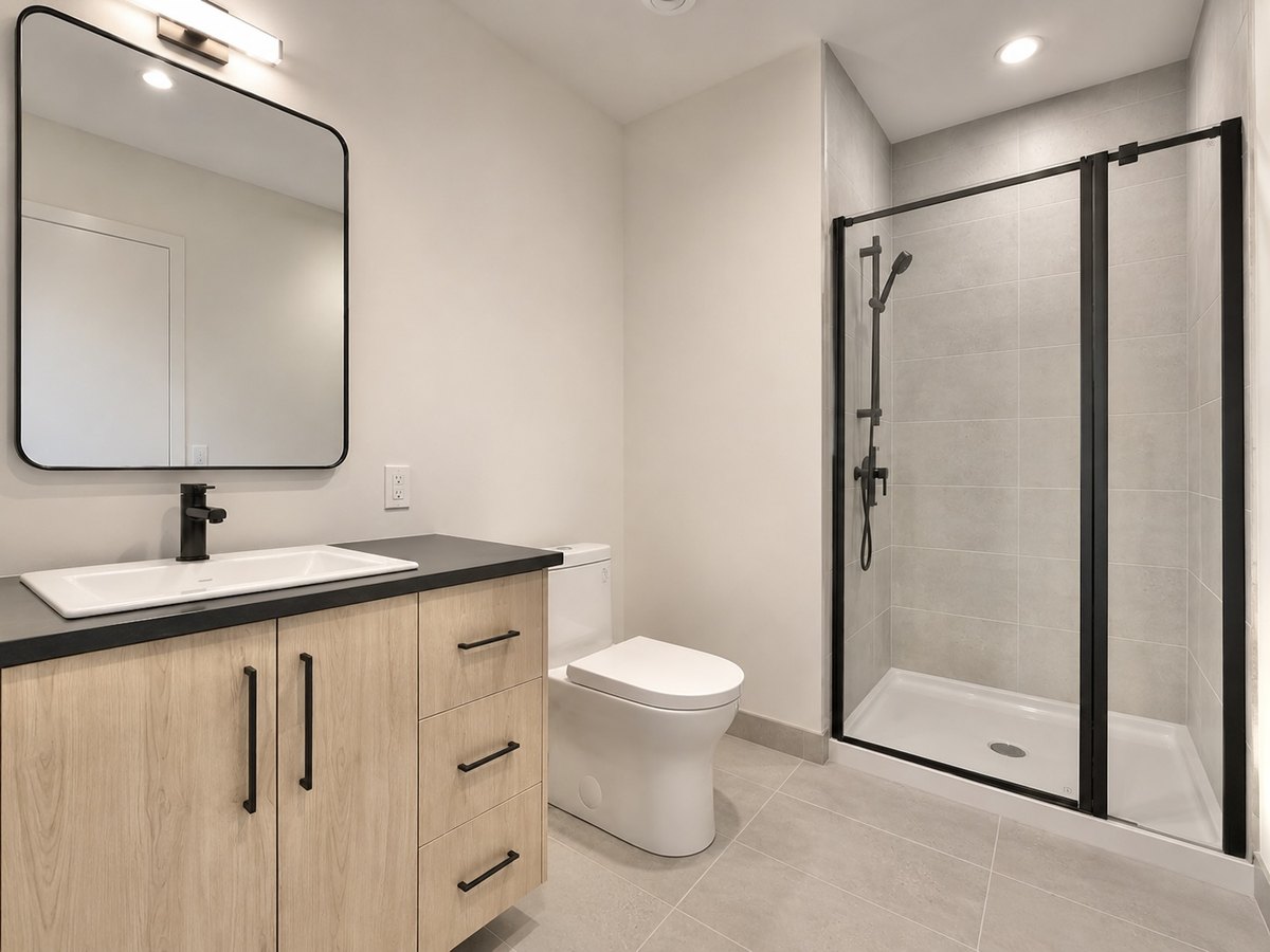 Rosemont : salle de bain avec douche vitrée, carrelage clair et meuble-lavabo au fini bois.